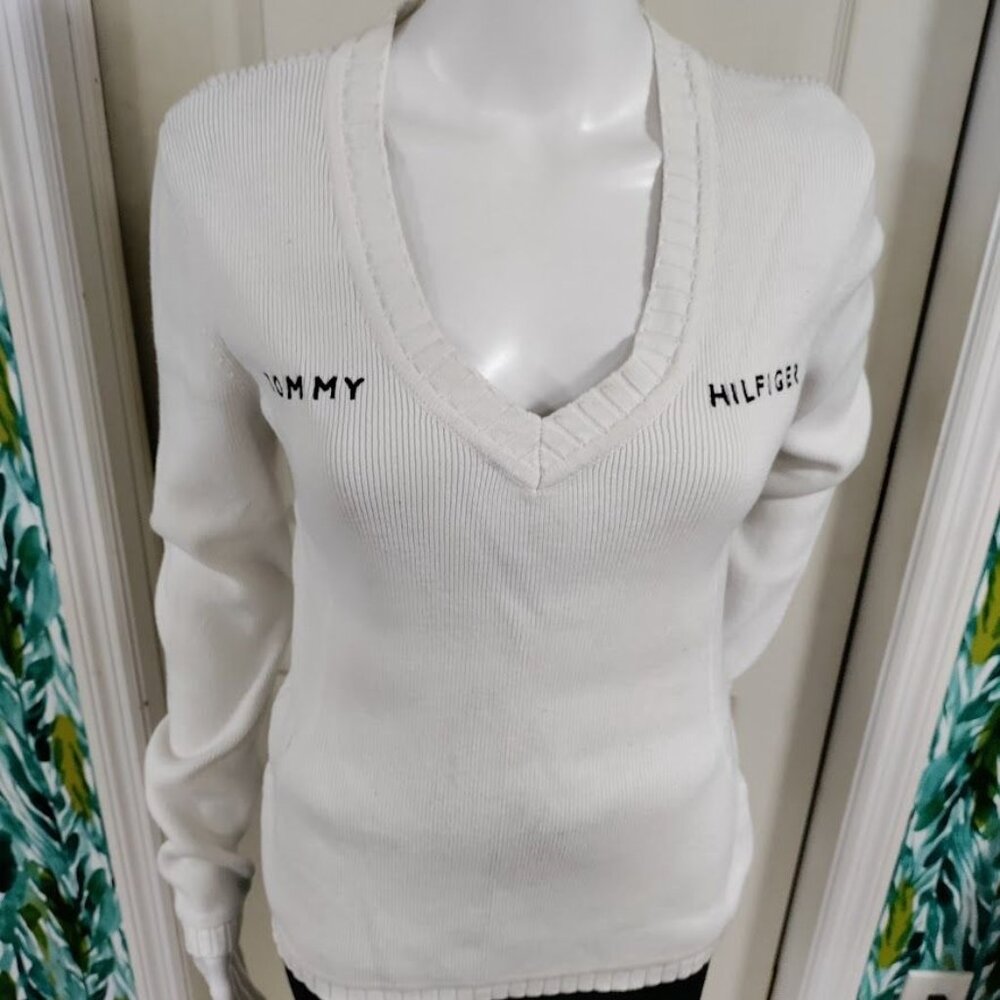Tommy Hilfiger 100% Cotton Long Sleeve V-Neck Rib Preppy Sweater Gray Medium - Picture 4 of 13